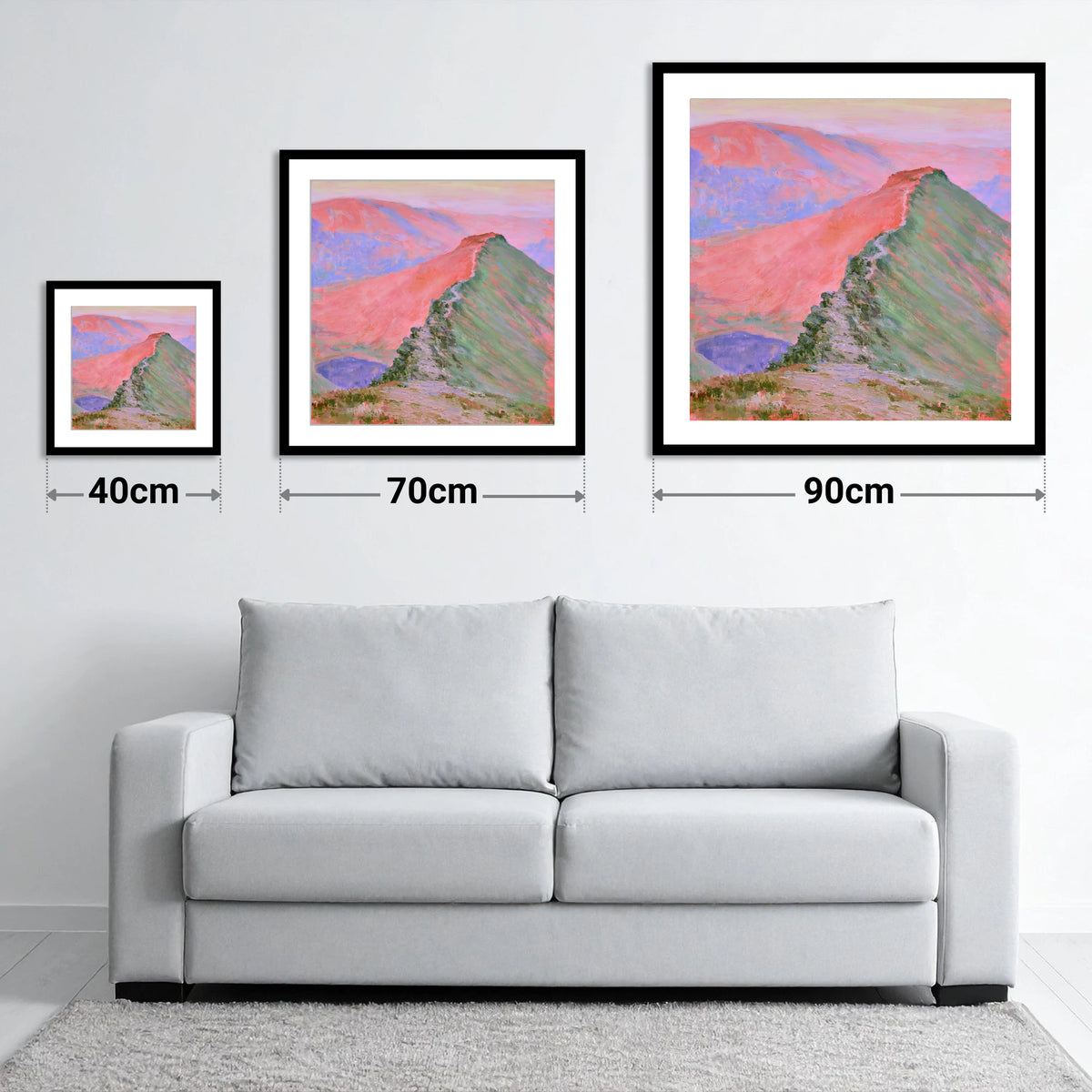 Striding Edge in Sunset Pink - size guide showing 40cm, 70cm and 90cm art prints