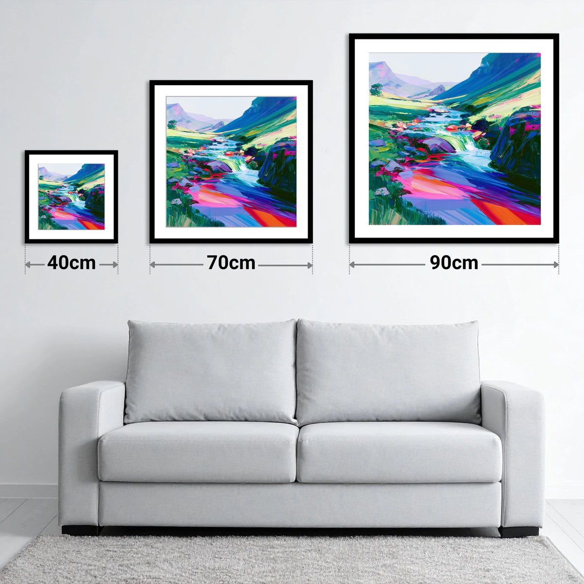 Vivid Fellside Beck Waterfall - size guide showing 40cm, 70cm and 90cm art prints