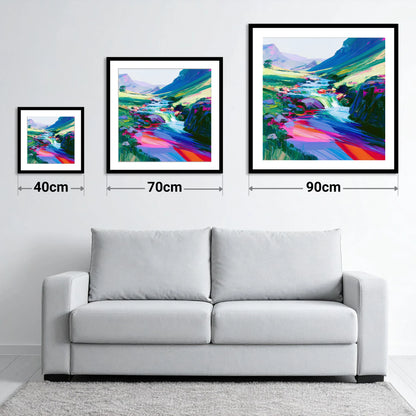 Vivid Fellside Beck Waterfall - size guide showing 40cm, 70cm and 90cm art prints