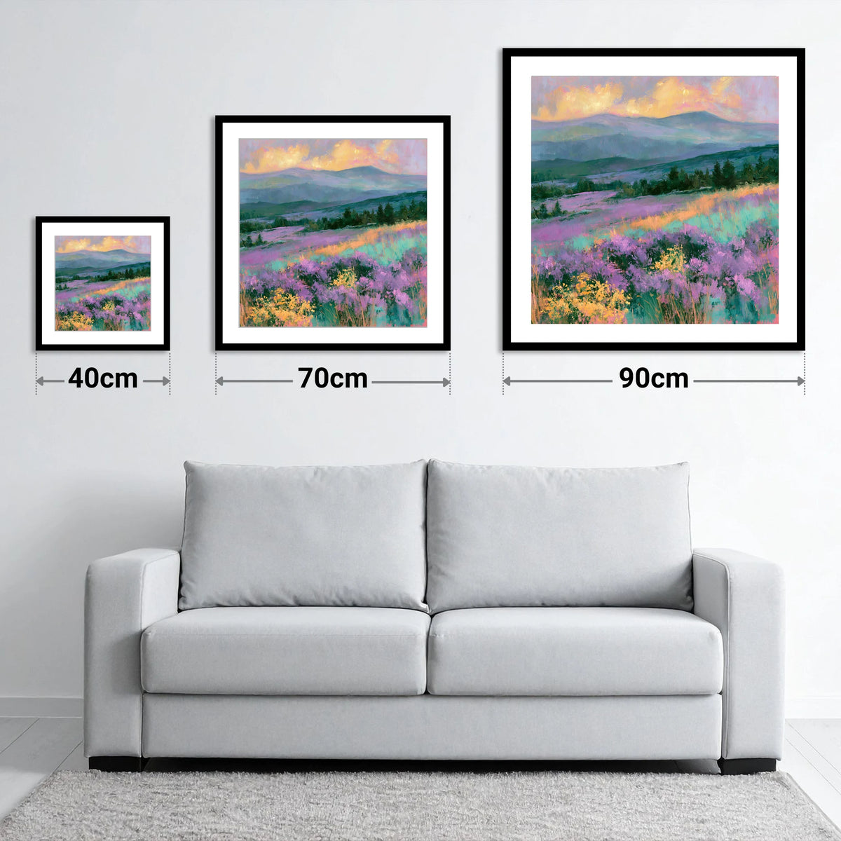 Vibrant Heather Fellside at Sunset - size guide showing 40cm, 70cm and 90cm art prints