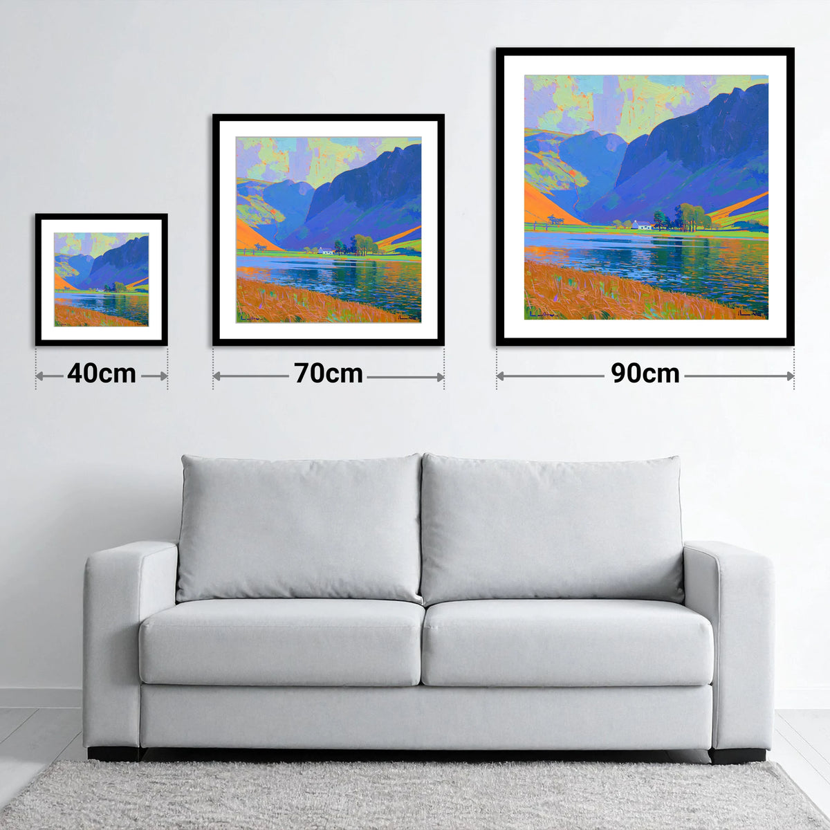 Vibrant Buttermere and White Cottage - size guide showing 40cm, 70cm and 90cm art prints