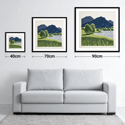 Grasmere Fells in Navy and Green - size guide showing 40cm, 70cm and 90cm art prints