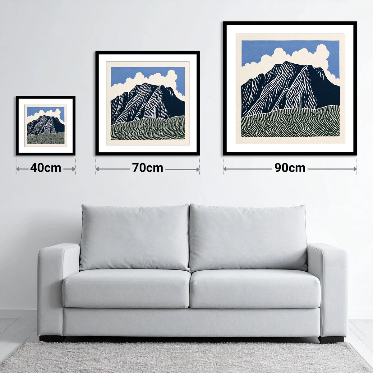 Graphic Scafell Pike Landscape - size guide showing 40cm, 70cm and 90cm art prints