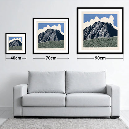 Graphic Scafell Pike Landscape - size guide showing 40cm, 70cm and 90cm art prints