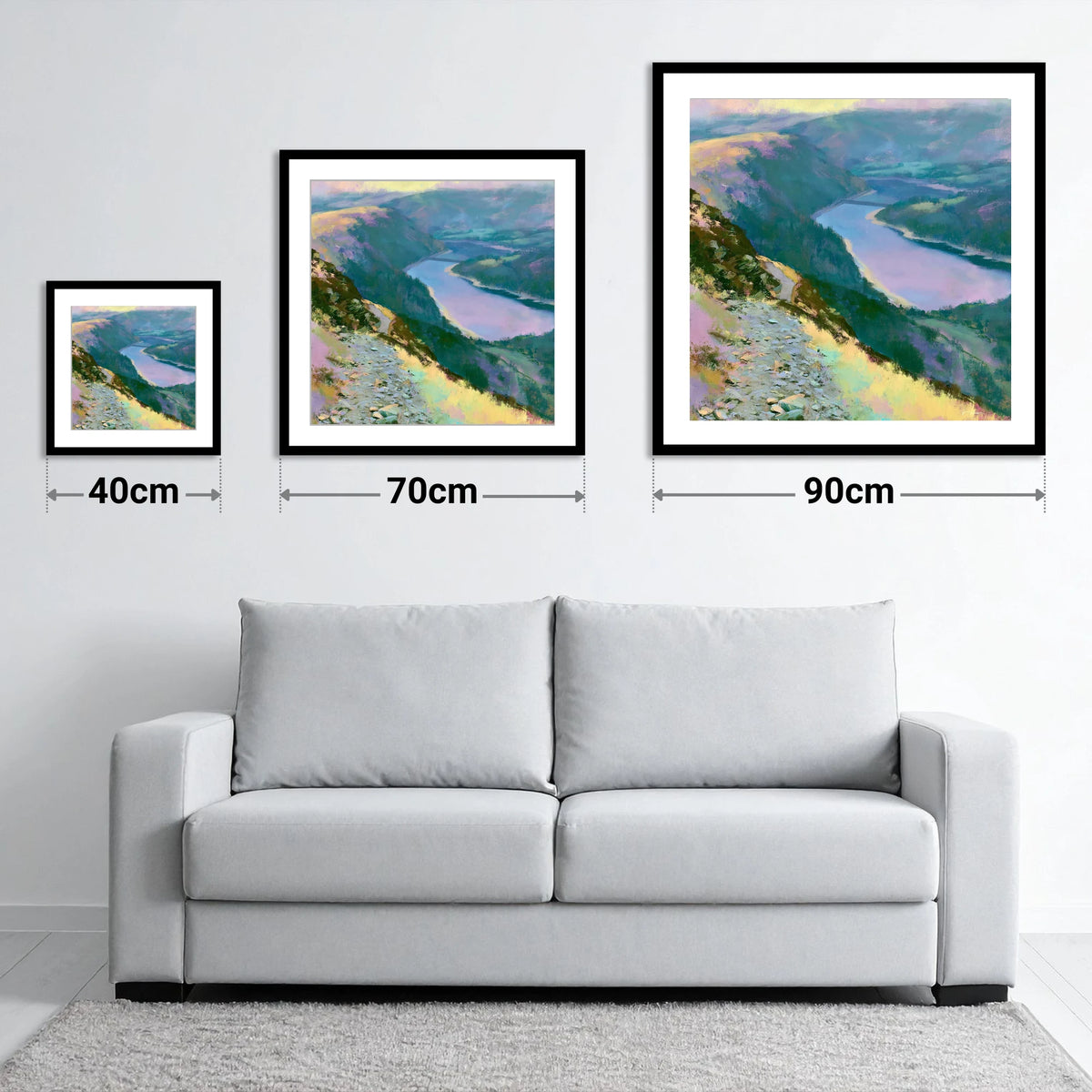 Vivid Thirlmere From Helvellyn Path - size guide showing 40cm, 70cm and 90cm art prints