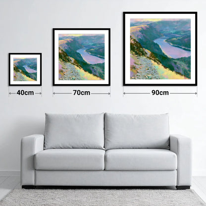 Vivid Thirlmere From Helvellyn Path - size guide showing 40cm, 70cm and 90cm art prints