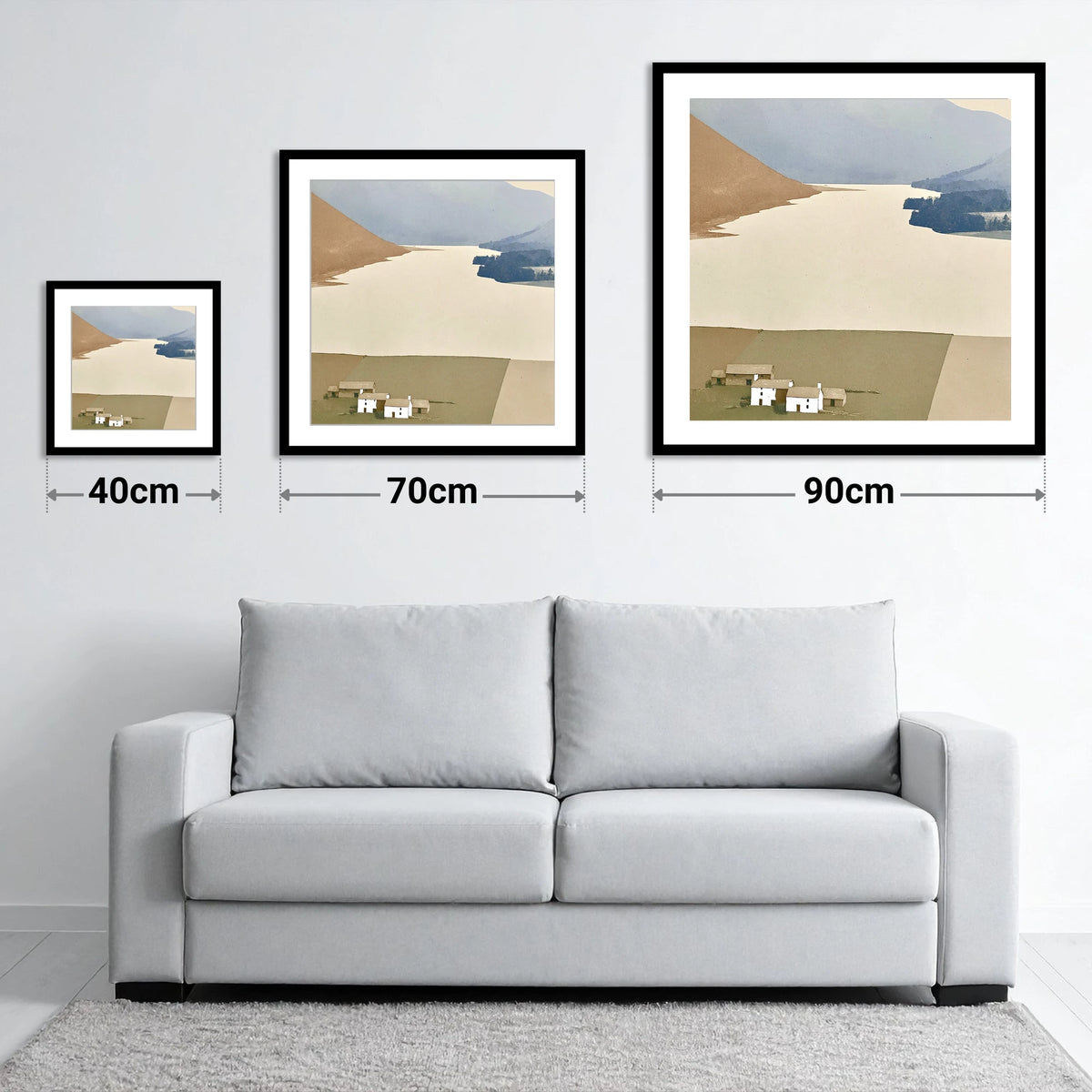 White Farmsteads Above Loweswater - size guide showing 40cm, 70cm and 90cm art prints