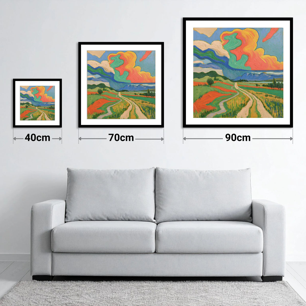 Vivid Storm Over the Fells - size guide showing 40cm, 70cm and 90cm art prints