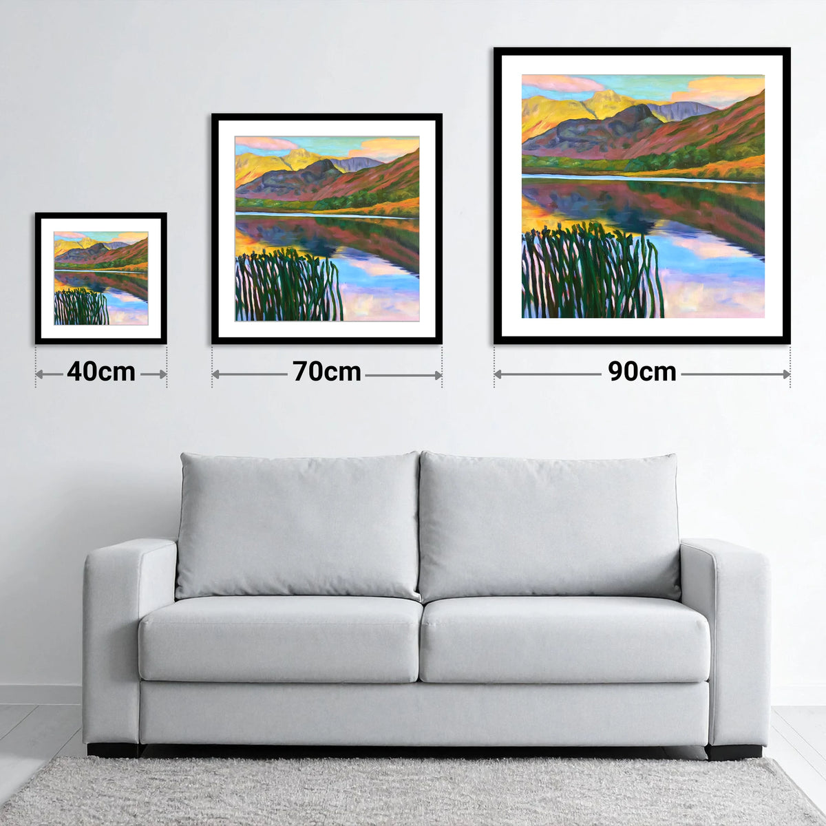 Vibrant Sunset Over Elterwater - size guide showing 40cm, 70cm and 90cm art prints