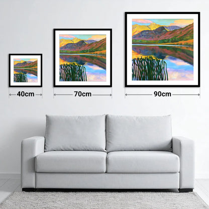 Vibrant Sunset Over Elterwater - size guide showing 40cm, 70cm and 90cm art prints