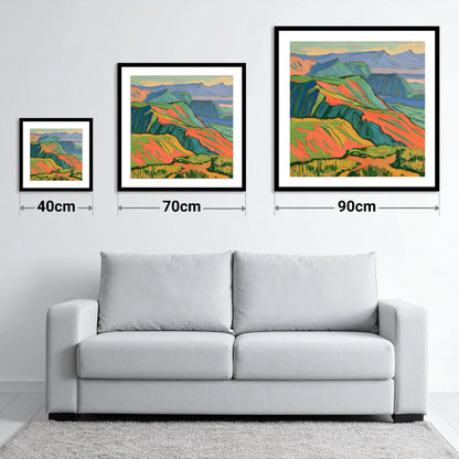 Vibrant Fells Summit View - size guide showing 40cm, 70cm and 90cm art prints