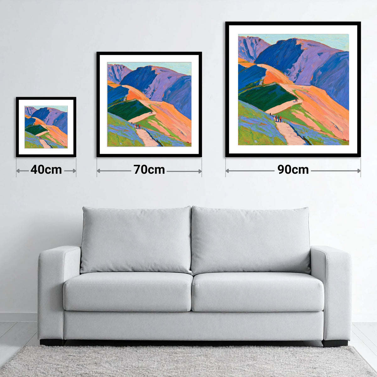 Walkers on Vibrant Mountain Path - size guide showing 40cm, 70cm and 90cm art prints