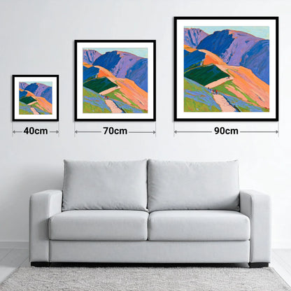 Walkers on Vibrant Mountain Path - size guide showing 40cm, 70cm and 90cm art prints