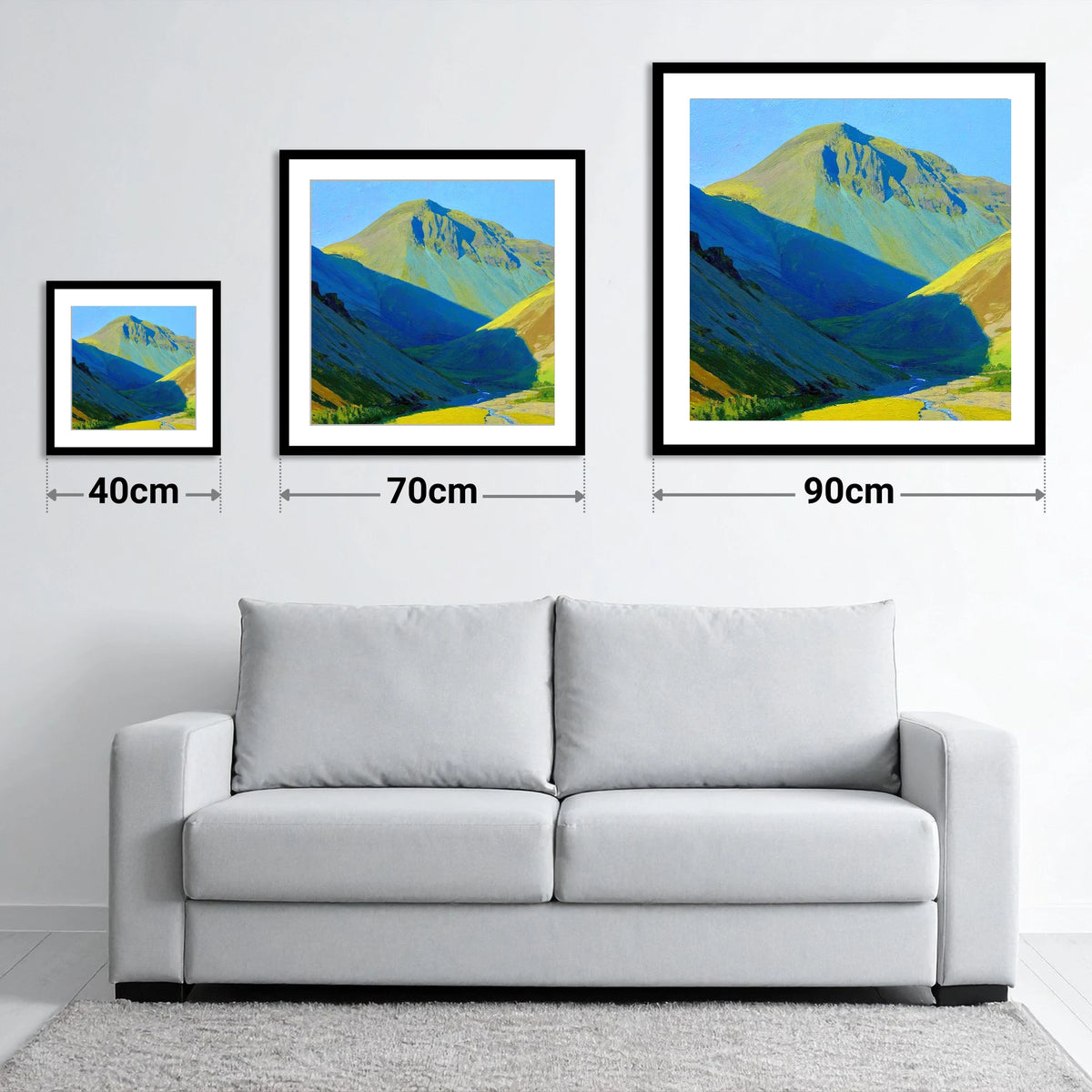 Vibrant Light on Great Gable - size guide showing 40cm, 70cm and 90cm art prints