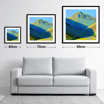 Vibrant Light on Great Gable - size guide showing 40cm, 70cm and 90cm art prints