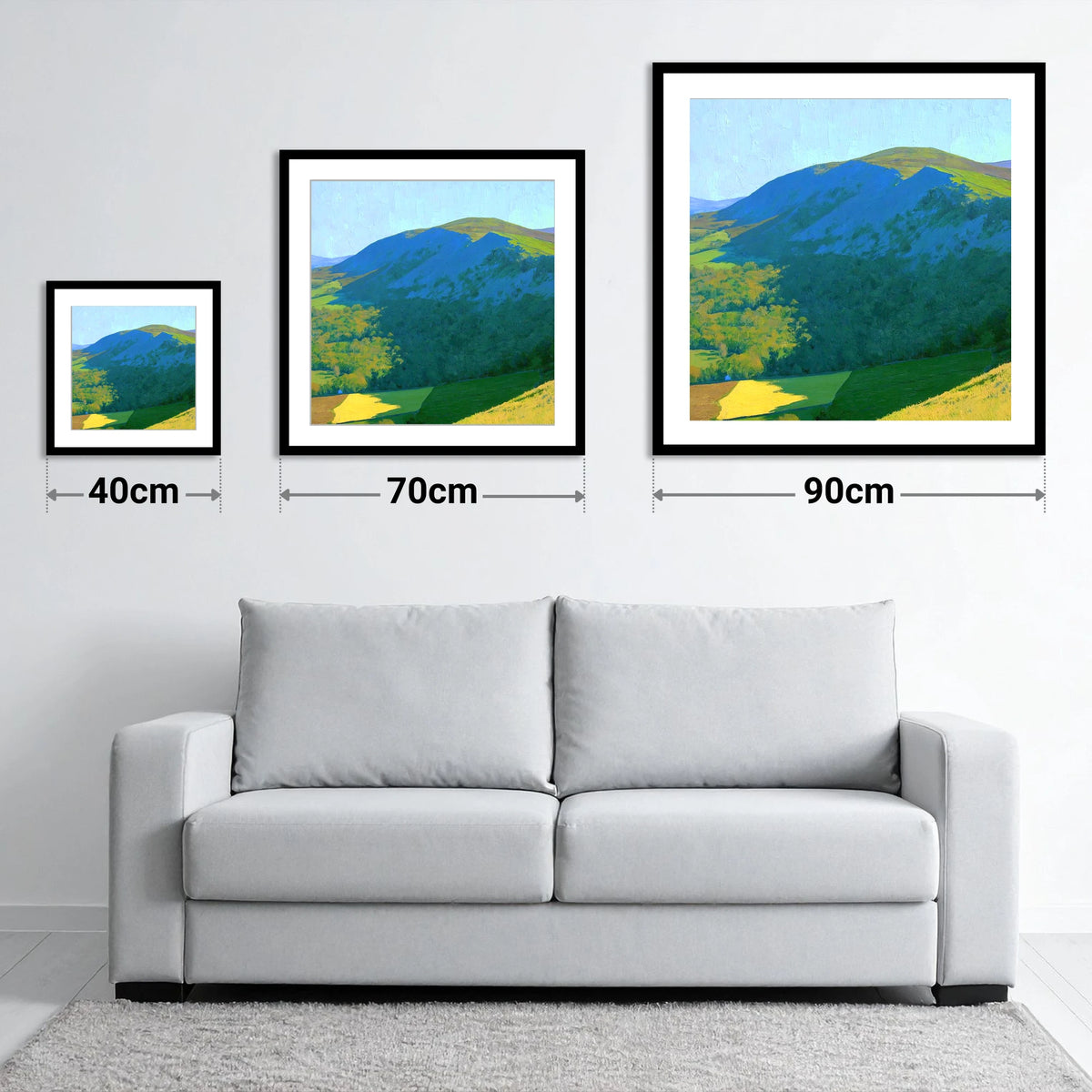 Sale Fell in Bold Light - size guide showing 40cm, 70cm and 90cm art prints