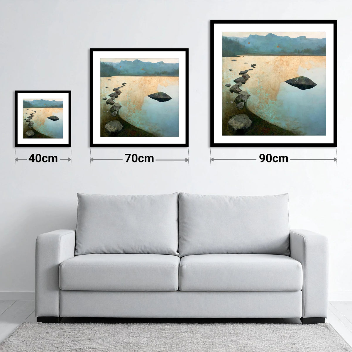Scattered Rocks on Golden Elterwater - size guide showing 40cm, 70cm and 90cm art prints