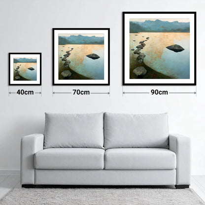 Scattered Rocks on Golden Elterwater - size guide showing 40cm, 70cm and 90cm art prints