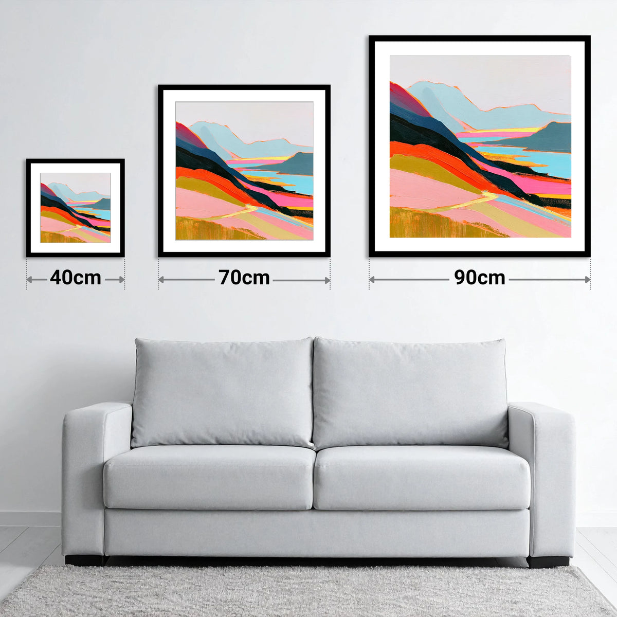Vivid Summit View Over Fells - size guide showing 40cm, 70cm and 90cm art prints