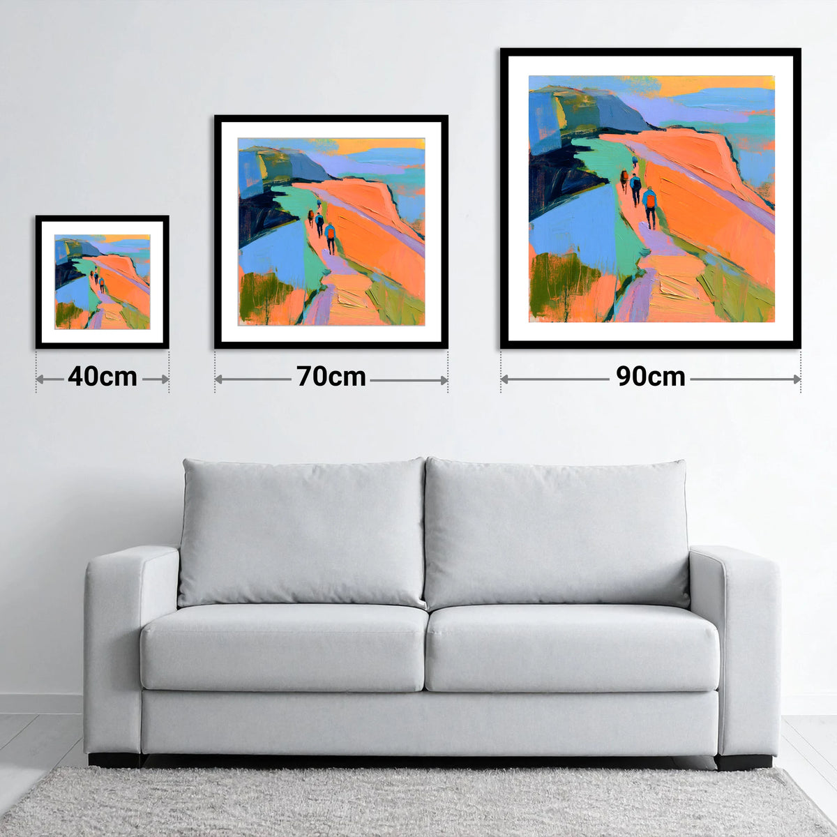 Walkers on Bright Mountain Path - size guide showing 40cm, 70cm and 90cm art prints