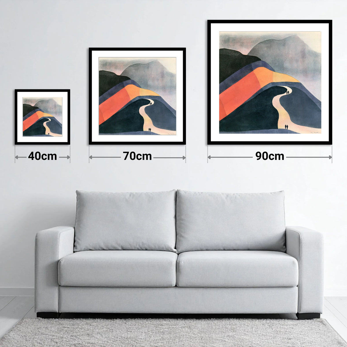 Bold Fell Path With Walkers - size guide showing 40cm, 70cm and 90cm art prints
