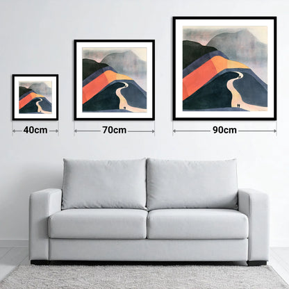 Bold Fell Path With Walkers - size guide showing 40cm, 70cm and 90cm art prints
