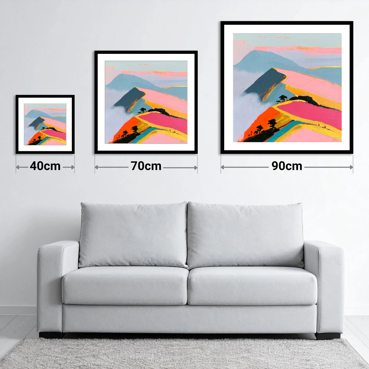 Vivid Misty Fell Ridge - size guide showing 40cm, 70cm and 90cm art prints