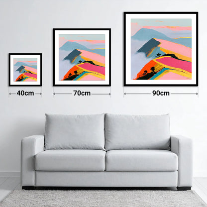 Vivid Misty Fell Ridge - size guide showing 40cm, 70cm and 90cm art prints