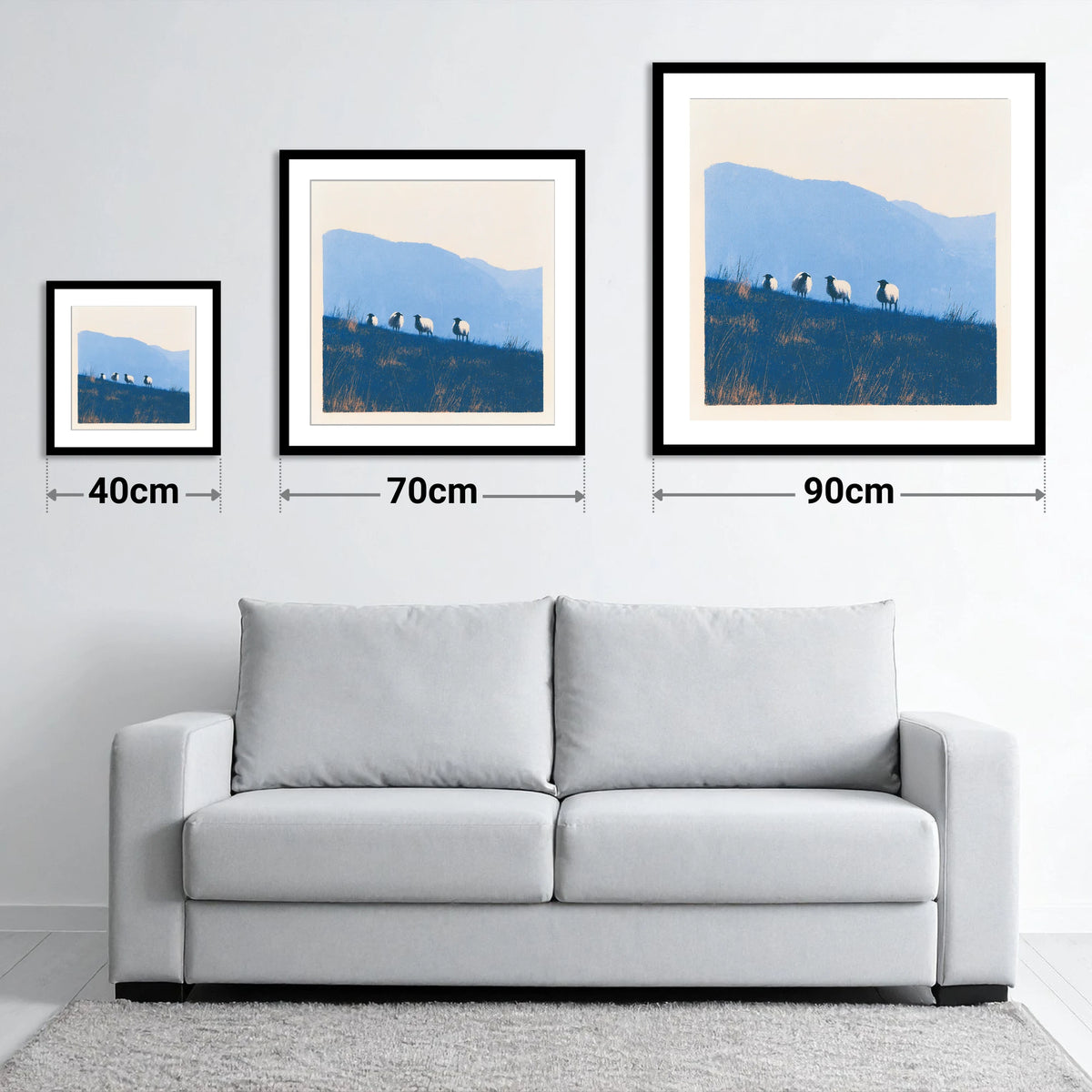 Herdwick Flock on Indigo Fellside - size guide showing 40cm, 70cm and 90cm art prints