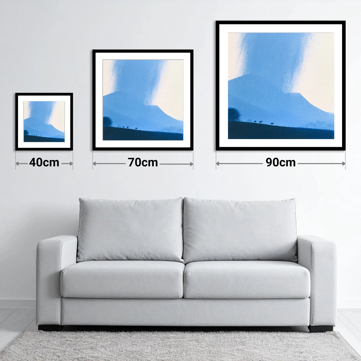 Storm Clouds Over Blue Fells - size guide showing 40cm, 70cm and 90cm art prints