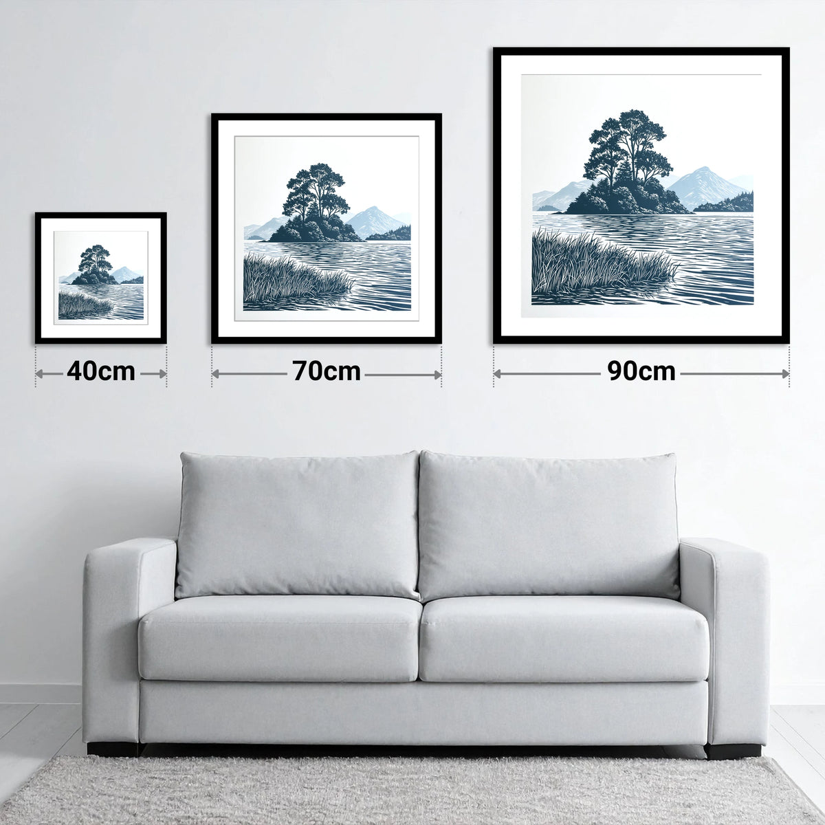 Derwentwater Island in Slate Blue - size guide showing 40cm, 70cm and 90cm art prints