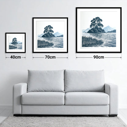 Derwentwater Island in Slate Blue - size guide showing 40cm, 70cm and 90cm art prints