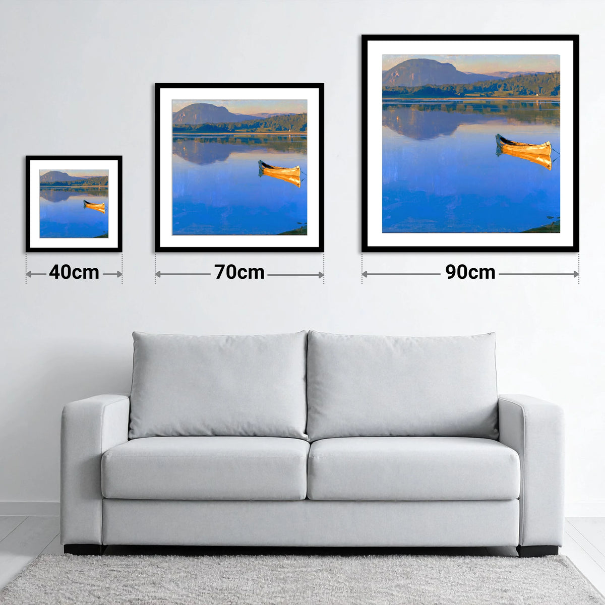 Sunlit Canoe on Lake Windermere - size guide showing 40cm, 70cm and 90cm art prints