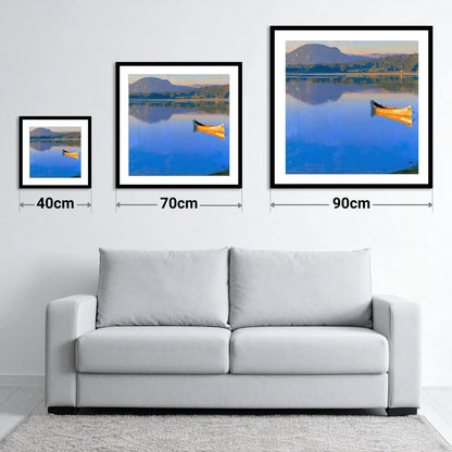 Sunlit Canoe on Lake Windermere - size guide showing 40cm, 70cm and 90cm art prints