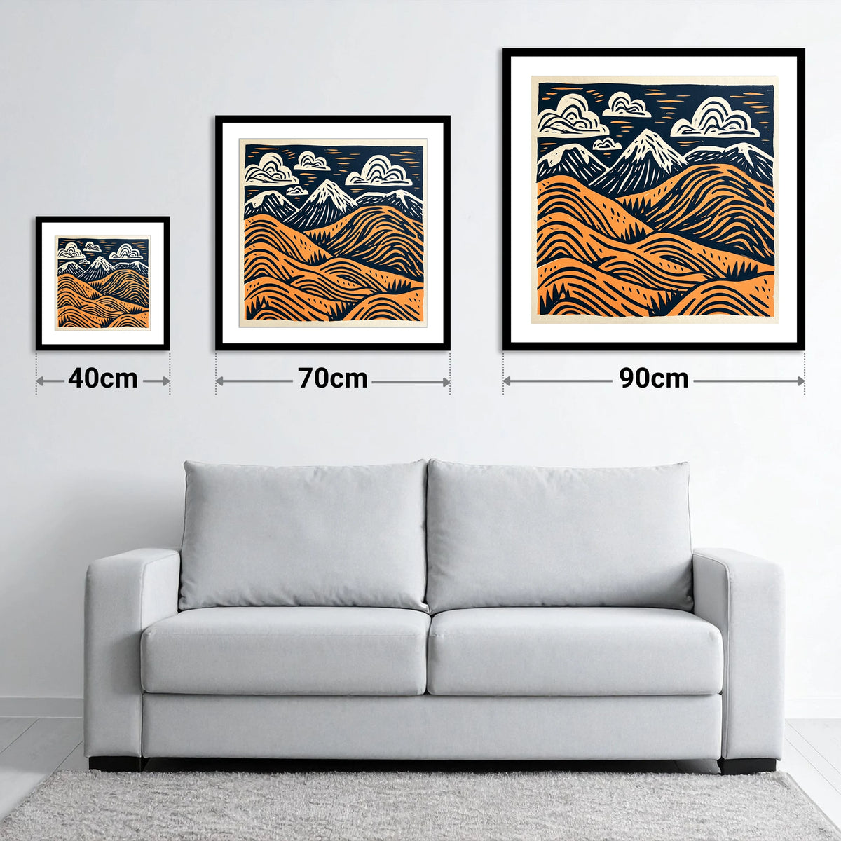 Terracotta Fells Summit View - size guide showing 40cm, 70cm and 90cm art prints