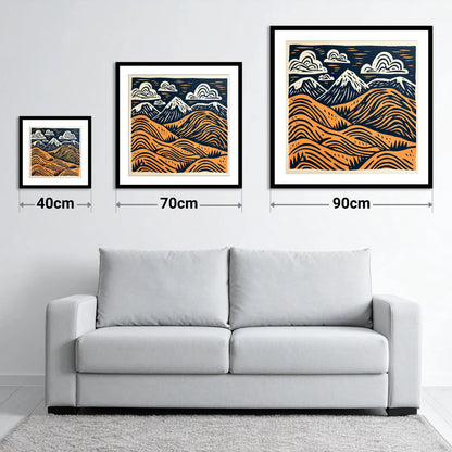 Terracotta Fells Summit View - size guide showing 40cm, 70cm and 90cm art prints