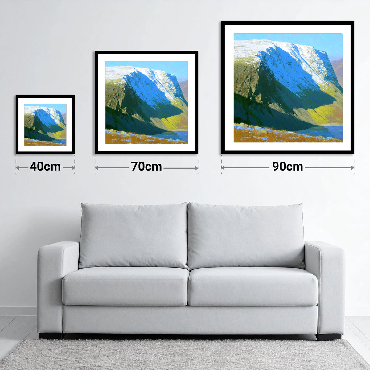 Winter Sunlight on Red Screes - size guide showing 40cm, 70cm and 90cm art prints