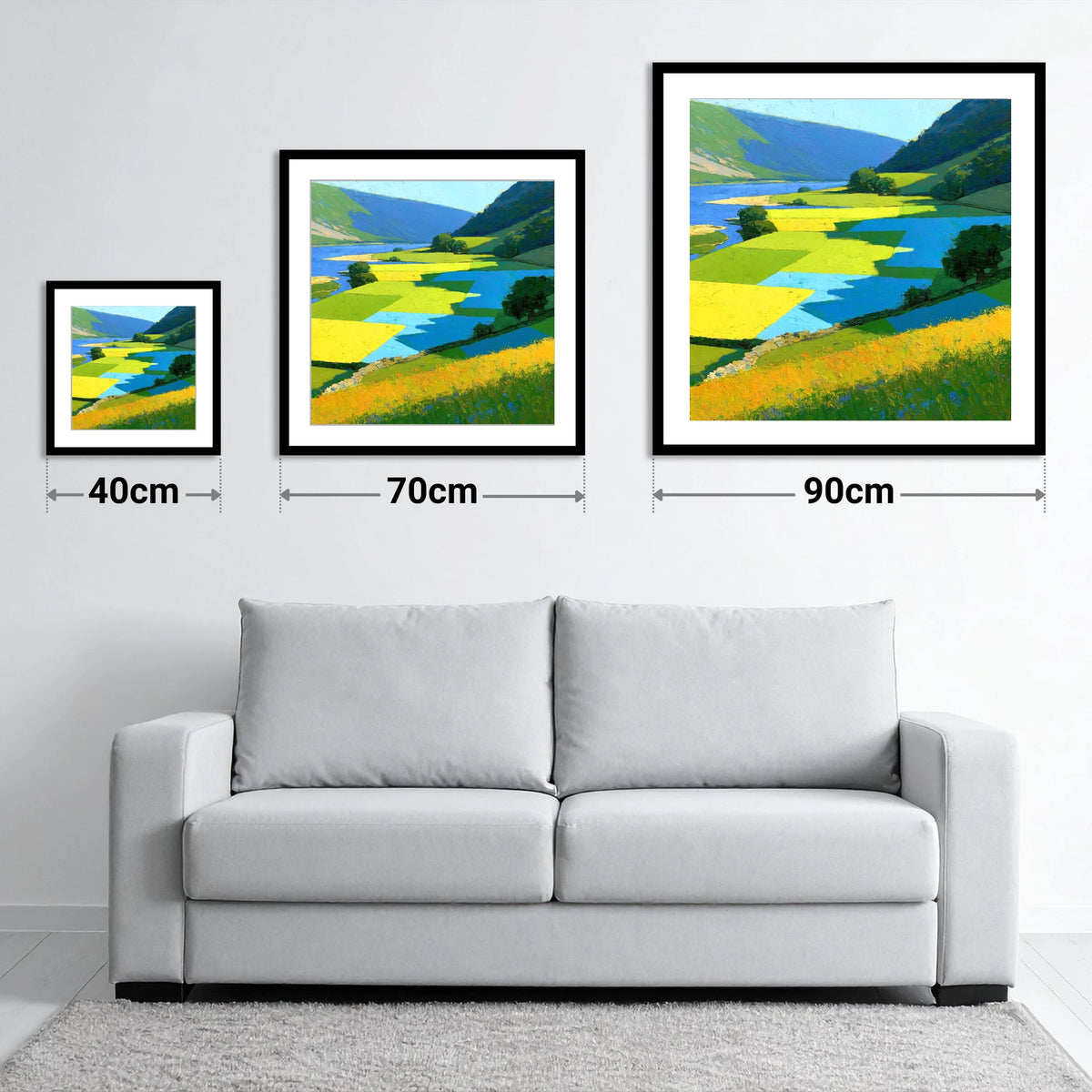 Sunlit Valley Pastures and Blue Shadows - size guide showing 40cm, 70cm and 90cm art prints
