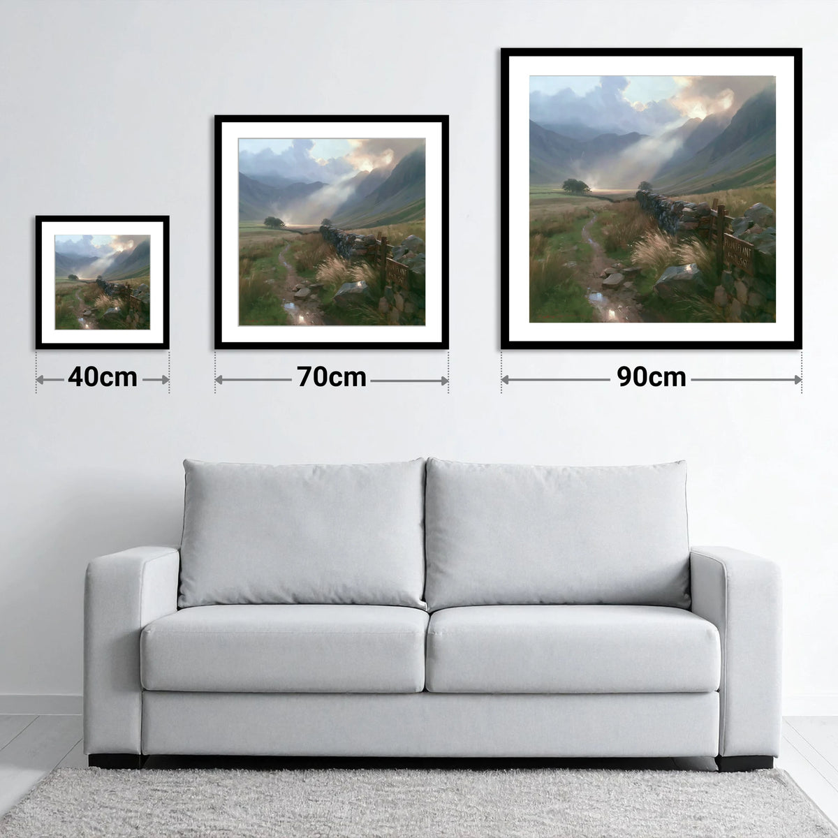 Valley Drystone Wall Under Sunburst - size guide showing 40cm, 70cm and 90cm art prints