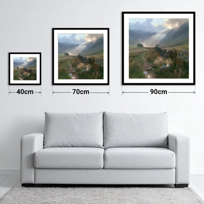 Valley Drystone Wall Under Sunburst - size guide showing 40cm, 70cm and 90cm art prints