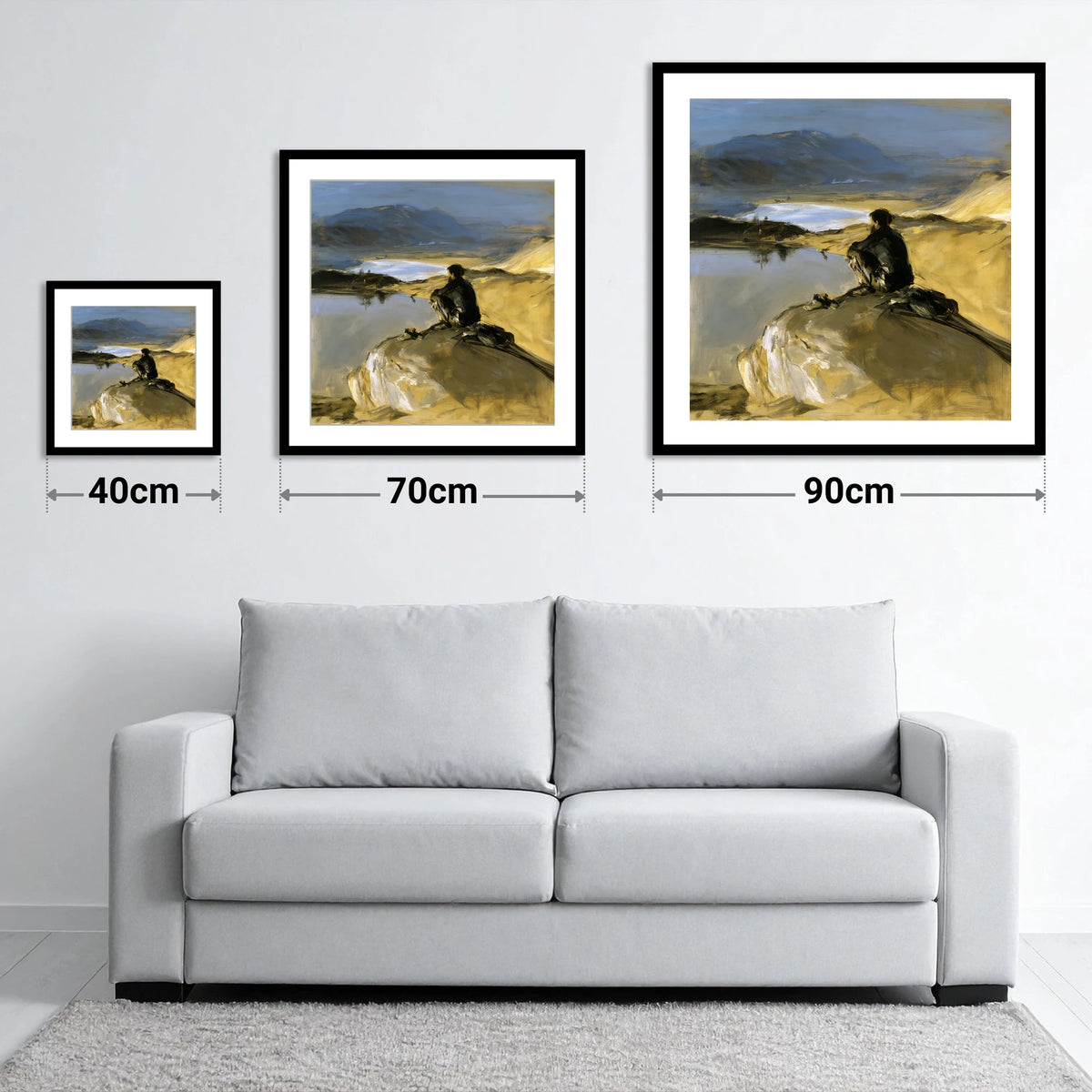 Innominate Tarn Walker in Shadow - size guide showing 40cm, 70cm and 90cm art prints