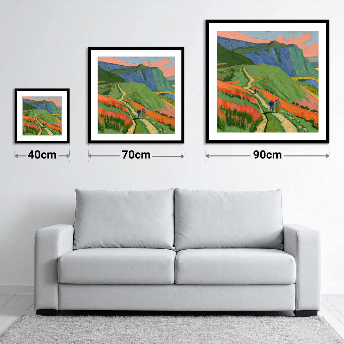 Vivid Mountain Path Walkers - size guide showing 40cm, 70cm and 90cm art prints