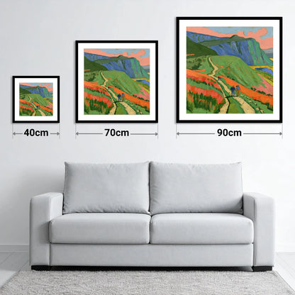 Vivid Mountain Path Walkers - size guide showing 40cm, 70cm and 90cm art prints