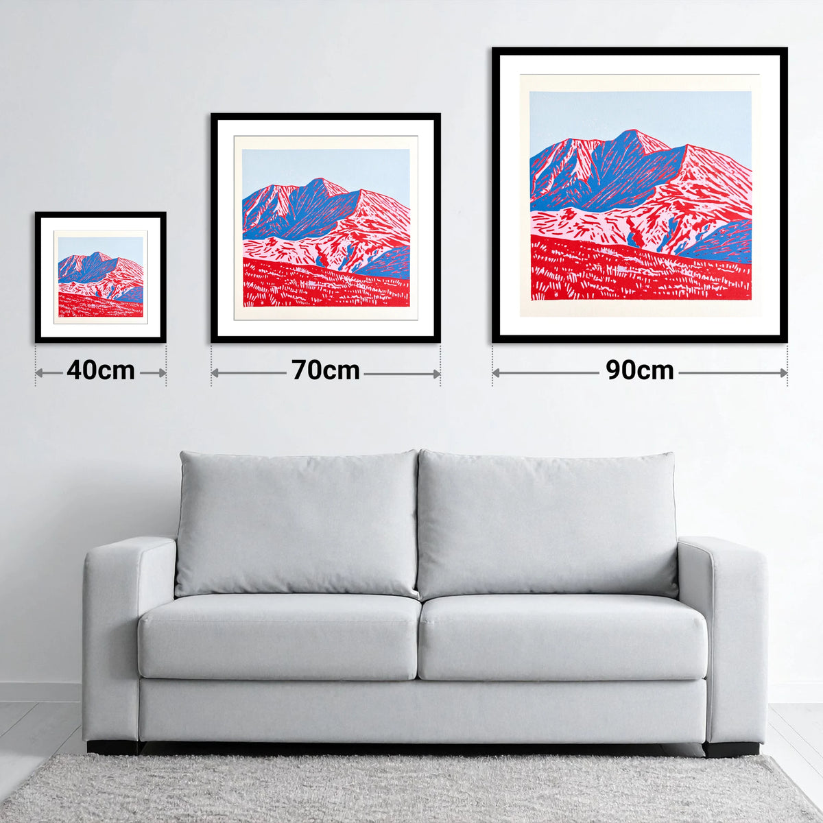 Graphic Red and Blue Helvellyn - size guide showing 40cm, 70cm and 90cm art prints