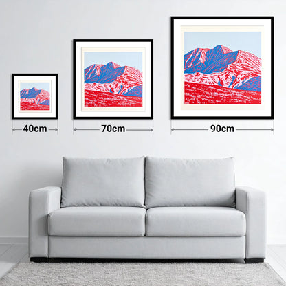 Graphic Red and Blue Helvellyn - size guide showing 40cm, 70cm and 90cm art prints