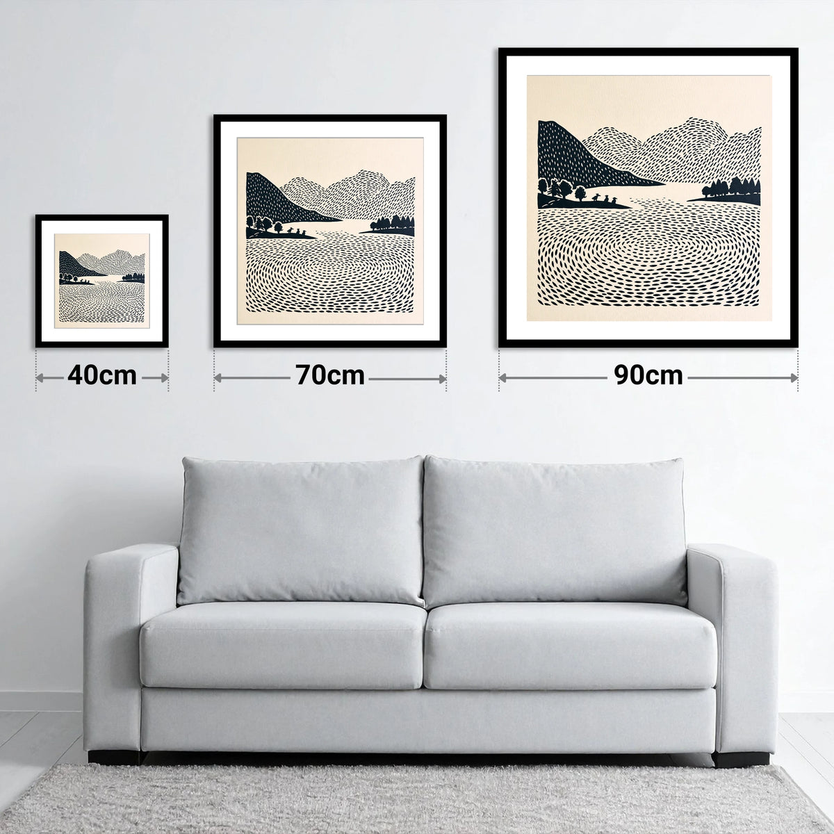 Graphic Grasmere Lake and Fells - size guide showing 40cm, 70cm and 90cm art prints