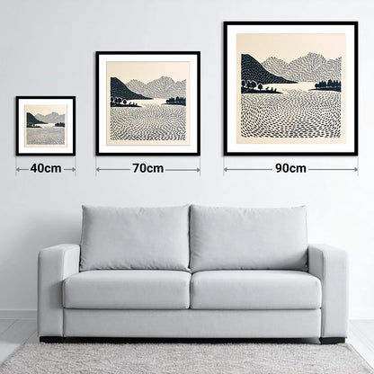 Graphic Grasmere Lake and Fells - size guide showing 40cm, 70cm and 90cm art prints
