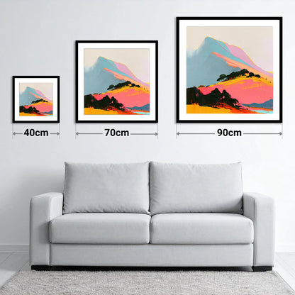 Vibrant Pink Mountain Ridge - size guide showing 40cm, 70cm and 90cm art prints
