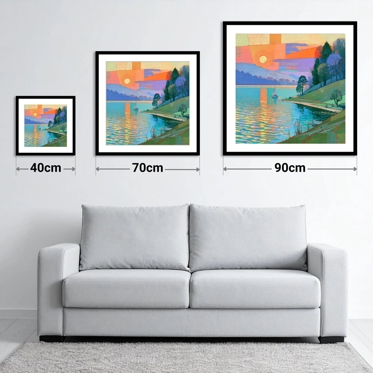 Orange Sunset Over Lakeland Water - size guide showing 40cm, 70cm and 90cm art prints