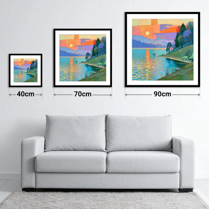 Orange Sunset Over Lakeland Water - size guide showing 40cm, 70cm and 90cm art prints